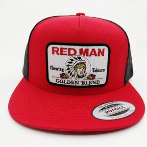 Red Man Golden Blend Red And Black Mesh Flat Bill Snap Back Hat Cap